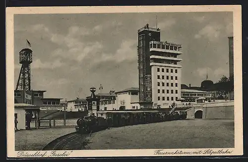 AK Düsseldorf, GeSoLei Ausstellung, Feuerwehrturm mit Liliputbahn, Kleinbahn