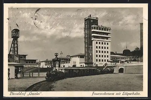 AK Düsseldorf, GeSoLei Ausstellung, Feuerwehrturm mit Liliputbahn, Kleinbahn