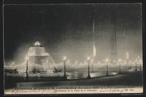 AK Paris, Exposition Décennale de l`Automobile 1907, Illumination de la Place de la Concorde