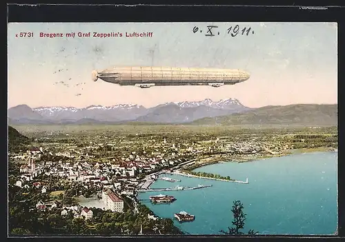 AK Bregenz, Ortsansicht mit Graf Zeppelin`s Luftschiff