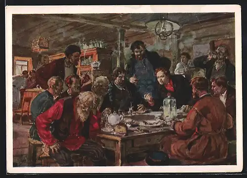 Künstler-AK Männer in einer Kneipe zum Mozorow-Streik 1885, Arbeiterbewegung