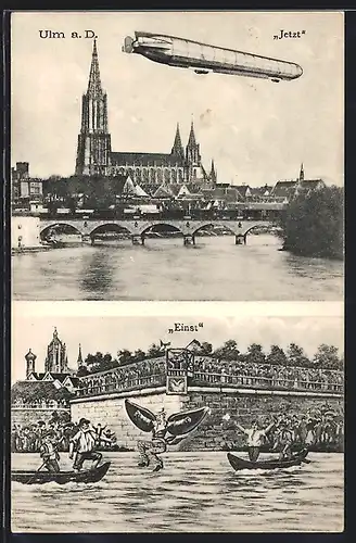 AK Ulm a. D., Zeppelin über dem Münster, Schneider von Ulm stürzt ab