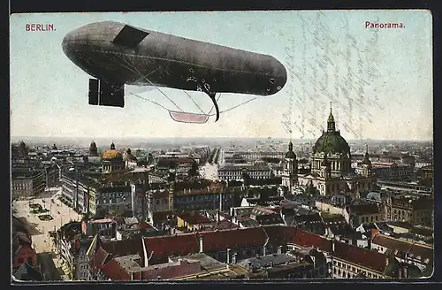 AK Berlin, Zeppelin mit Panorama der Hauptstadt