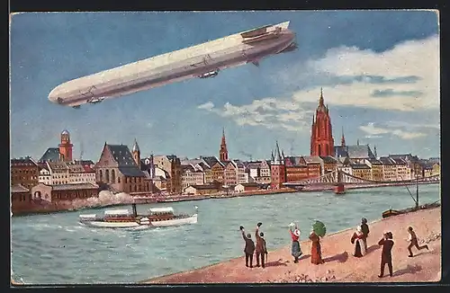 AK Frankfurt a. Main, Internationale Luftschifffahrts-Ausstellung, Dampfer & Luftschiff am Mainufer