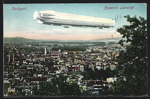 AK Stuttgart, Teilansicht mit Zeppelin`s Luftschiff