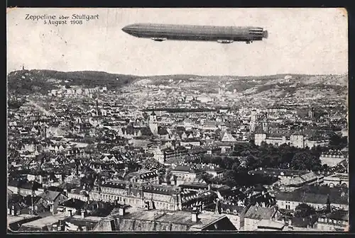 AK Stuttgart, Zeppelin über der Stadt 1908