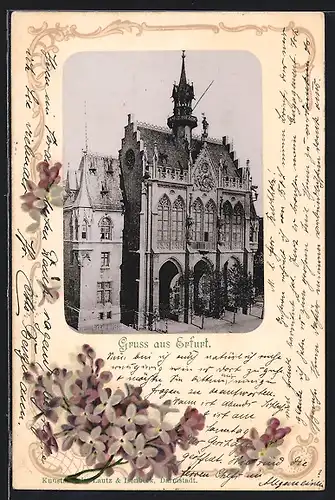 Passepartout-Lithographie Erfurt, Rathaus von oben, Fliederblüten