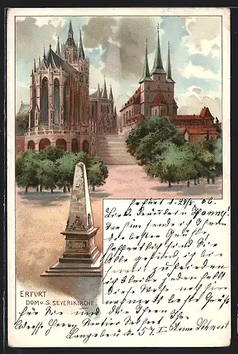 Lithographie Erfurt, Denkmal auf dem Platz vor dem Dom und der Severikirche