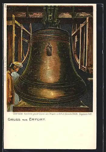 Lithographie Erfurt, Dom, Glocke Maria Gloriosa mit Besuchern