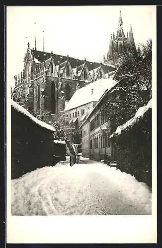 Foto-AK Erfurt, Stiftsgasse mit Dom im Winter