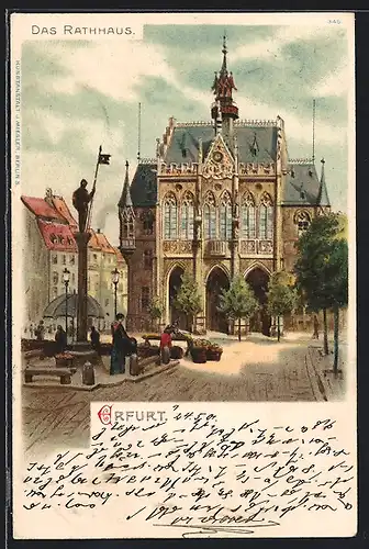 Lithographie Erfurt, Strassenpartie am Rathaus