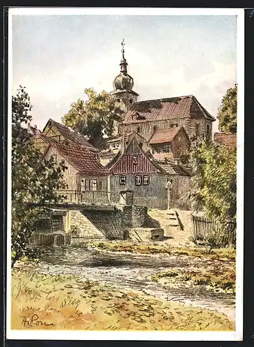 Künstler-AK Bischleben, Partie mit Kirche