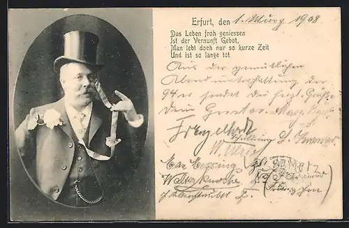 AK Erfurt, Mann im Zylinder mit Ansteckrose und Monokel