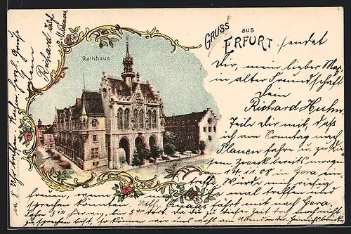 AK Erfurt, Ansicht des Rathauses im floralen Passepartout