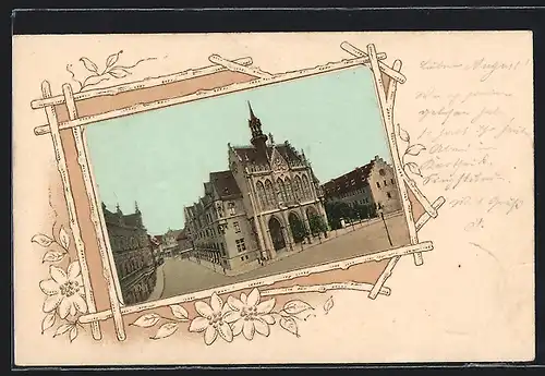 AK Erfurt, Ansicht des Rathauses im geprägten floralen Passepartout