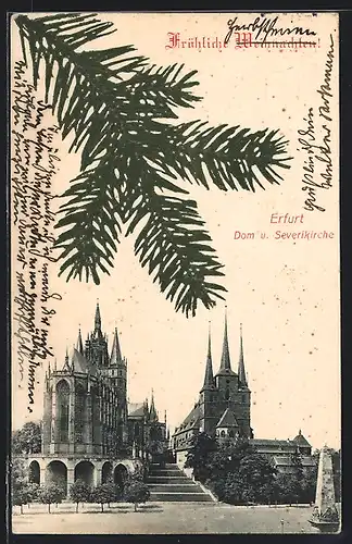 AK Erfurt, Dom und Severikirche mit Obelisk, Weihnachtsgruss