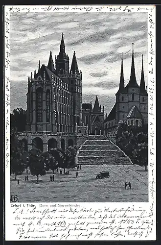 Künstler-AK Erfurt, Dom und Severikirche mit Treppe