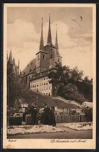 AK Erfurt, St. Severikirche mit Marktbetrieb