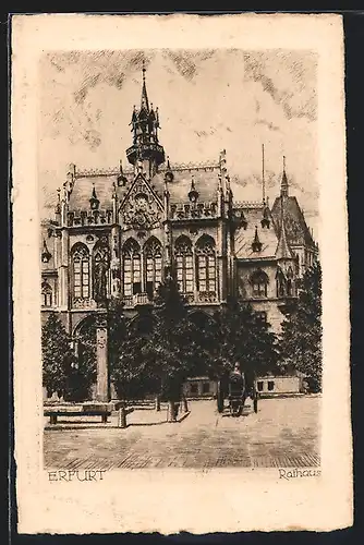 Künstler-AK Erfurt, Rathaus mit Kanone und Denkmal