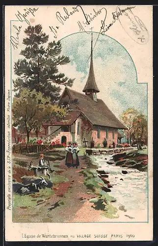 Lithographie Paris, Exposition Universelle de Paris 1900, Village Suisse, L'Eglise de Wurtzbrunnen, Ausstellung