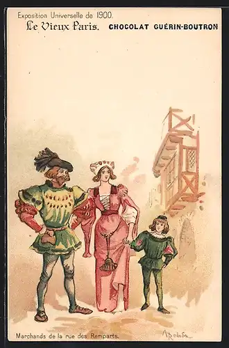 Lithographie Paris, Exposition universelle de 1900, Le Vieux Paris, Marchands de la Rue des Remparts