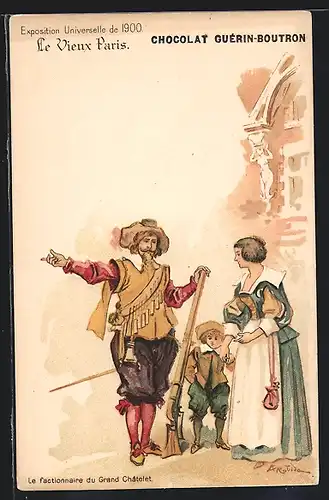 Lithographie Paris, Exposition universelle de 1900, Le Vieux Paris, Le factionnaire du Grand Chatelet