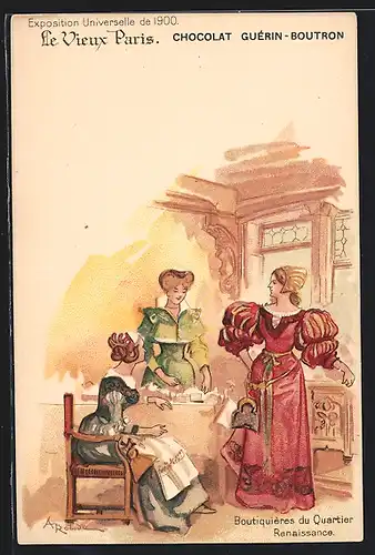 Lithographie Paris, Exposition universelle de 1900, Le Vieux Paris, Boutiquières du Quartier Renaissance