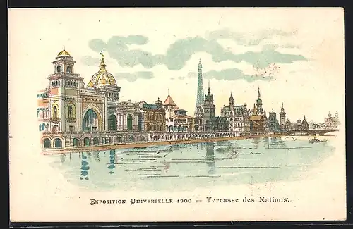 Lithographie Paris, Exposition universelle de 1900, Terrasse des Nations