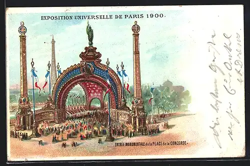 Lithographie Paris, Ausstellung Exposition Universelle de 1900, Entrée Monumentale de la Place de la Concorde