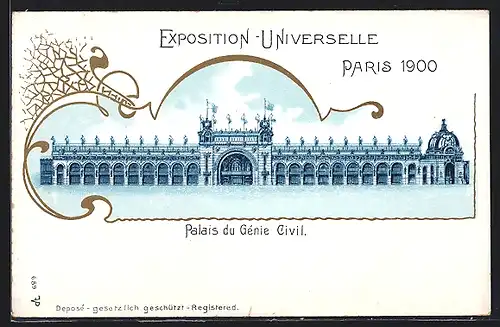 Lithographie Paris, Exposition universelle de 1900, Palais du Génie Civil