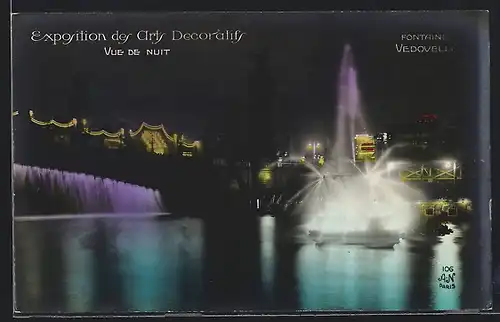 AK Paris, Exposition des Arts décoratifs 1925, Vue de Nuit, Fontaine Vedovelli