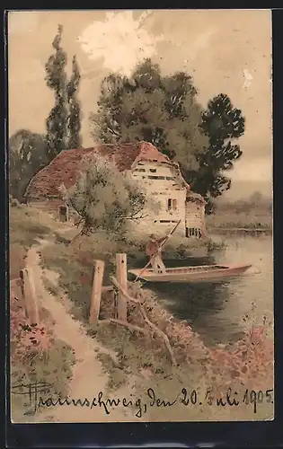 Künstler-AK Meissner & Buch (M&B) Nr. 1251: Bauer mit Kanu am Seeufer