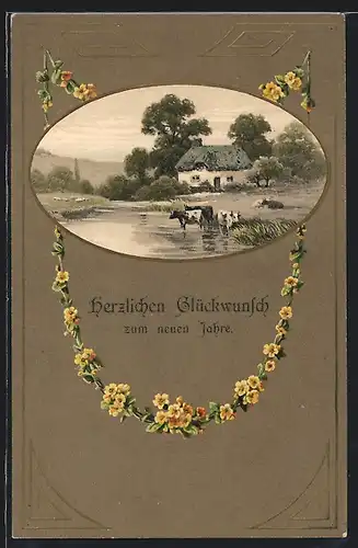 Künstler-AK Meissner & Buch (M&B) Nr.1397: Dorfidyll, Kühe am Fluss