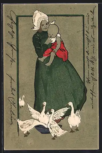 AK Niederländerin mit Baby auf dem Arm schaut zu den Gänsen