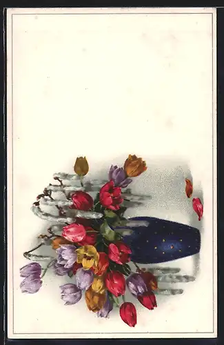 Künstler-AK Meissner & Buch (M&B) Serie 2340: Bunte Tulpen in blauer Vase