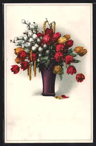 Künstler-AK Meissner & Buch (M&B) Nr. 2340: Tulpenstrauss mit Weidenkätzchen