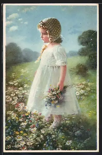 Künstler-AK Meissner & Buch (M&B) Nr.02422: Mädchen im Profil auf der Blumenwiese Blumen pflückend