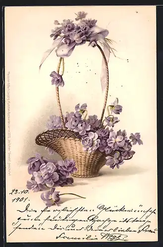 Künstler-AK Meissner & Buch (M&B) Nr. 1072: Henkelkorb mit lila Blumen