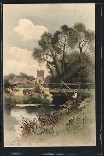 Künstler-AK Meissner & Buch (M&B) Serie 1277: Keine Sorg' um den Weg, Angler am Flussufer