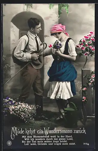 Foto-AK NPG Nr. 312 /6: Neue Photographische Gesellschaft: Wandersmann mit Blumenstrauss für Frau