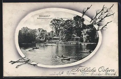 AK Düsseldorf, Schwanenspiegel mit Fischerhäuschen, Abbildung auf einem Osterei