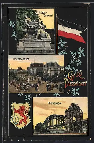 AK Düsseldorf, Hauptbahnhof, Rheinbrücke, Kriegerdenkmal, Wappen