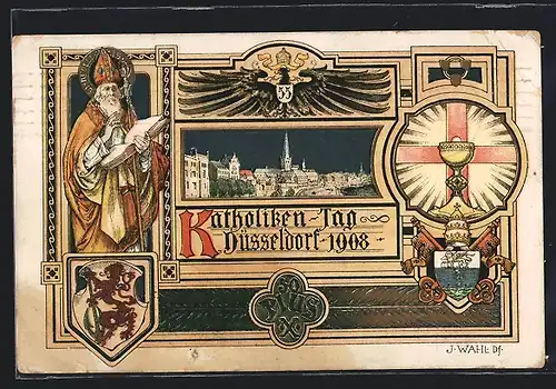 Künstler-AK Düsseldorf, Katholiken-Tag 1908, Papst Pius X, Wappen