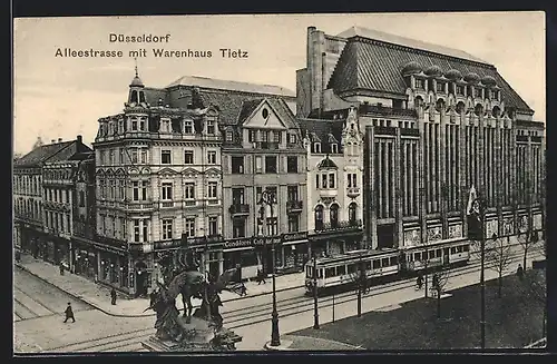 AK Düsseldorf, Allestrasse mit Warenhaus Tietz und Strassenbahn