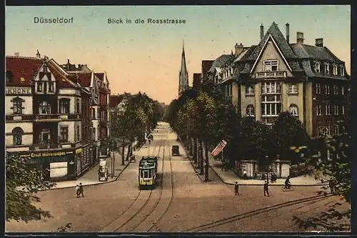 AK Düsseldorf, Strassenbahn und Litfasssäule in der Rossstrasse