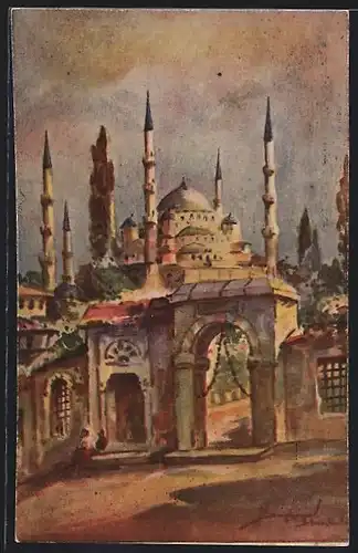 Künstler-AK Istanbul, La Mosquée Sultan Ahmet (Blau Mosq.)