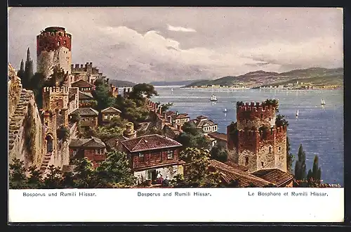 Künstler-AK Rumili Hissar, Ortsansicht mit Ruinen und Blick auf den Bosporus