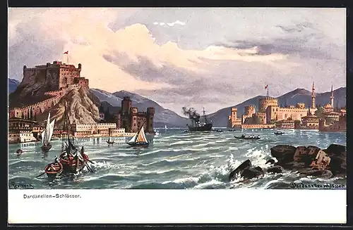 Künstler-AK Constantinople, Schiffe unter den Dardanellen-Schlössern
