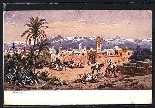 Künstler-AK Friedrich Perlberg: Marokko, Kamelreiter am Zelt vor der Stadt, Gebirgspanorama