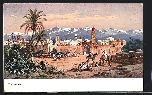 Künstler-AK Friedrich Perlberg: Marokko, Kamelreiter am Zelt vor der Stadt, Gebirgspanorama